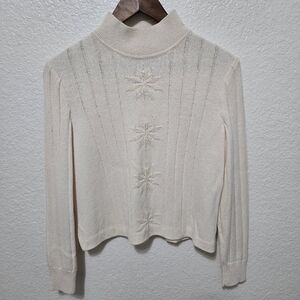 Vintage St. John Sport sweater cream snowflake sparkled long sleeve mockneck